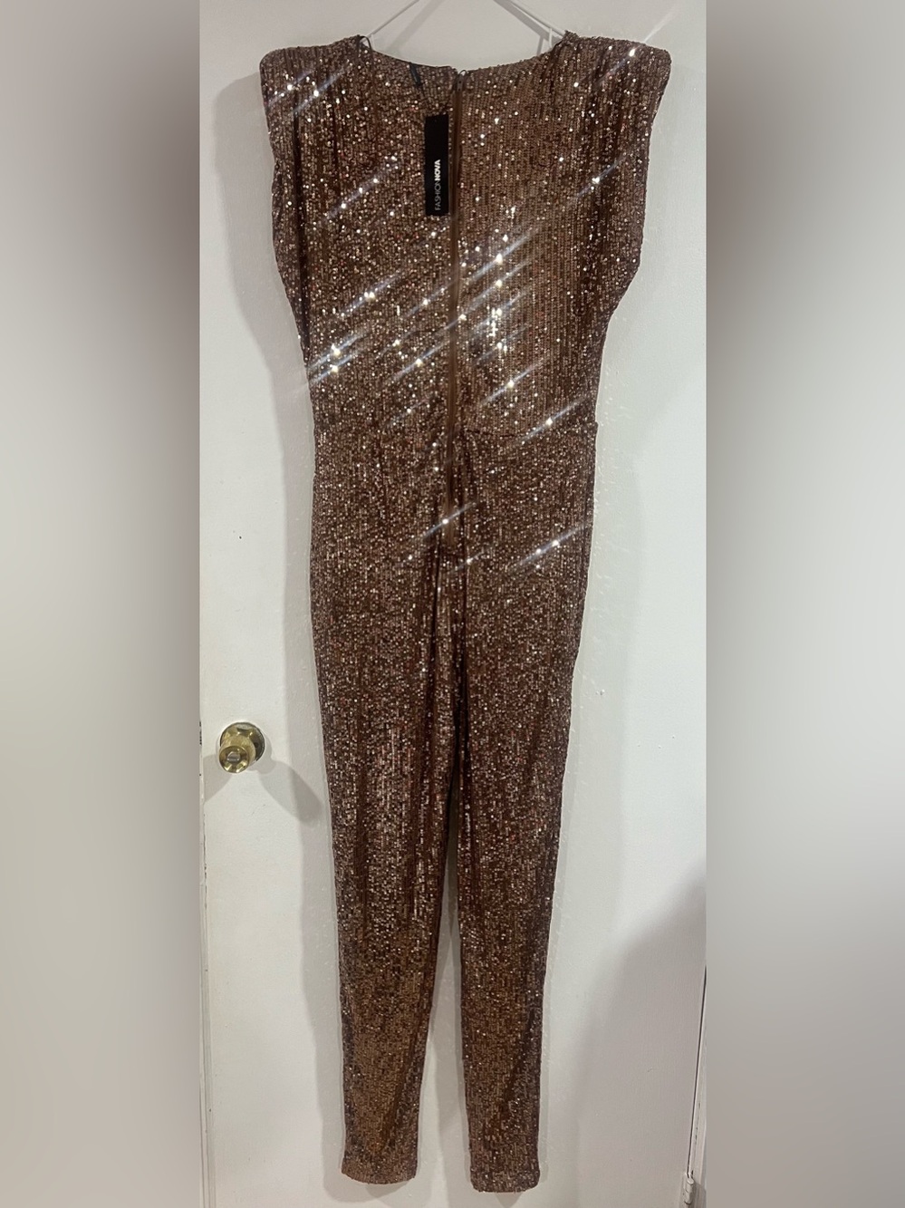 Fashion Nova Bronze Sequin Skinny Jumpsuit